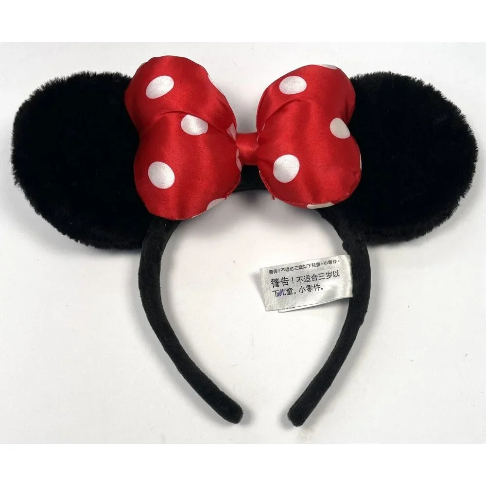 DISNEY PARKS One Size MINNIE MOUSE EARS Black Velvet Red Polka Dot Bow EUC